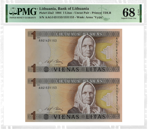 1994 Lithuania 1 Litas Banknote (Uncut) PMG 68 EPQ (1)