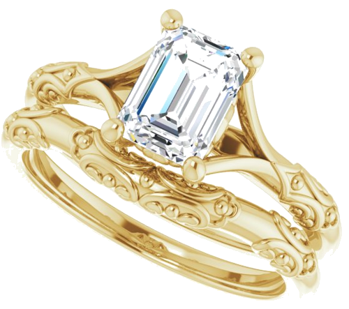 Sužadėtuvių Žiedas „Solitaire Split Shank“ 585 Geltonojo Aukso Emerald 7mm x 5mm (10)