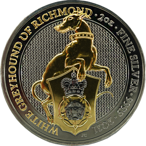 2 oz White Richmond Greyhound (Art of Color collection) gold plated 5 pound silver coin (1)