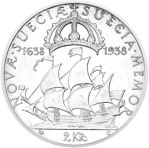 1938 Naujosios Švedijos gyvenvietė 2 Kronų sidabrinė moneta (1)