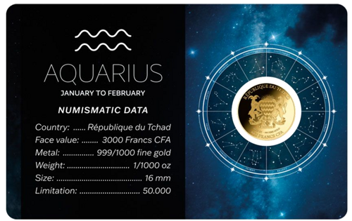 1/1000 oz Vandenis (Zodiac Series) 3000 frankų Čadas auksinė moneta (2)