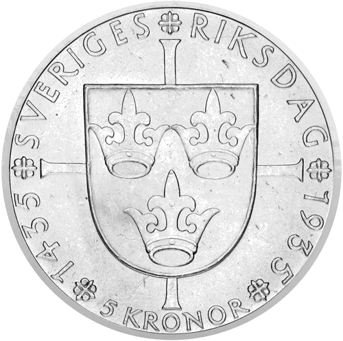 5 kronas Karalis Gustavs V Zviedrijas parlaments 1935 Zviedrija sudraba monēta (2)