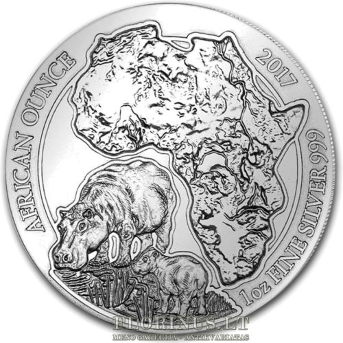 2017 Хипопотам, Руанда, 50 франка, 1 унция сребърна монета (1)