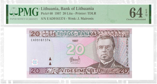 1997 Lietuva 20 Litų banknotas PMG 64 EPQ (1)