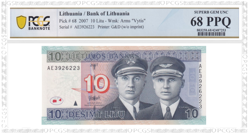 2007 Lietuva 10 litu banknote PMG 68 PPQ (1)