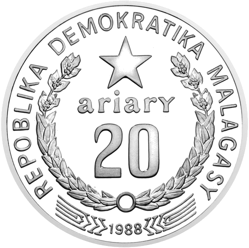 20 ariari Lemūrs 1988 Madagaskara sudraba monēta (2)