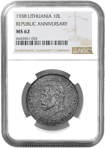 1938 Lithuania President Antanas Smetona 10 litas silver coin  NGC MS 62 (1)