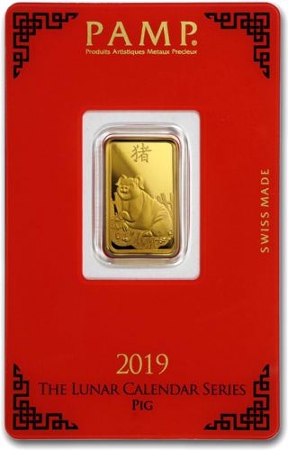 Колекционерско инвестиционно златно кюлче PAMP Година на свинята 2019 (Лунен календар) (1)