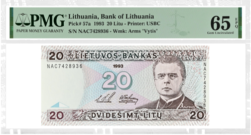 1993 Lithuania 20 Litas Banknote PMG 65 EPQ (1)