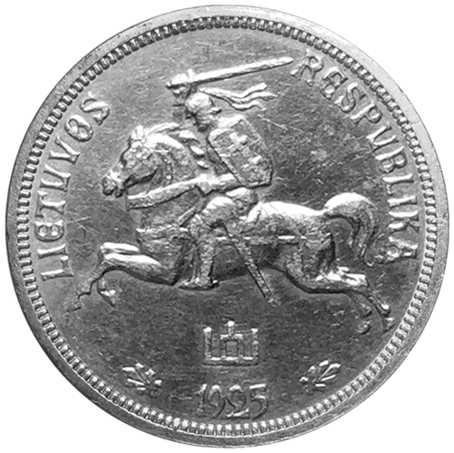 Серебряная монета 1 лит 1925 года Литва Кумеле (с ошибкой чеканки) (2)
