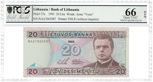 1993 Lietuva 20 litų banknotas PCGS GEM UNC 66 (1)