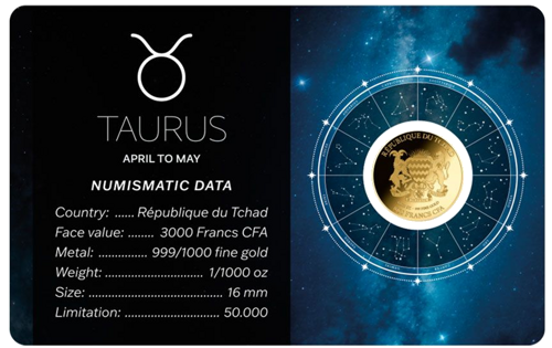 1/1000 oz Taurus (Zodiac Series) 3000 Francs Chad gold coin (2)
