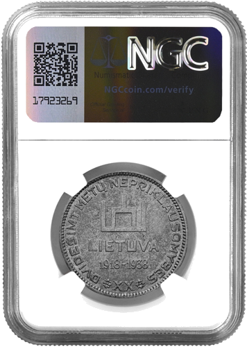 1938 Литва Президент Антанас Сметона серебряная монета 10 литов  NGC MS 62 (2)
