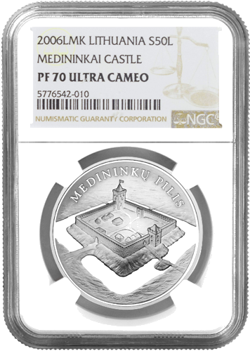 2006 Medininkų pilis Lietuva 50 litų sidabrinė moneta PF 70 ULTRA CAMEO (1)