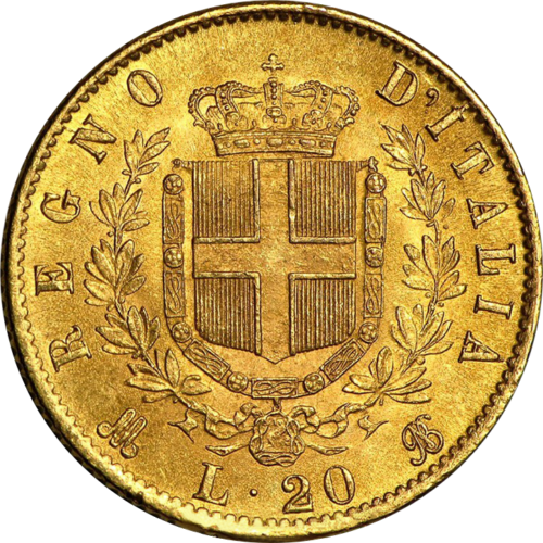 20 lirų Vittorio Emanuele II Italijos Karalystė auksinė moneta (2)