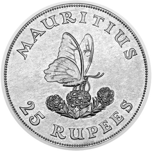 25 Rupijos Mėlynasis kregždėdrugis 1975 Mauricijus sidabrinė moneta (1)