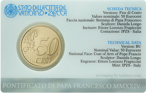 2024 Ватикан Герб Папы Франциска 50 центов монета на карточке BU (2)