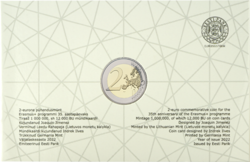 2022 Естония Еразъм 35-та годишнина Монета от 2 евро върху карта (5)