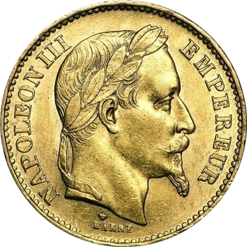 20 franku Francijas impērijas 1861-1970 zelta monēta - Napoleons III (ar vainagu) (1)