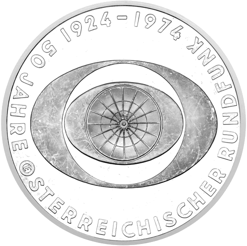 50 шиллингов Юбилей радиотрансляции 1974 Австрия серебряная монета (1)