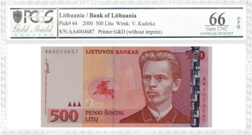 2000 Lithuania 500 litas banknote PCGS GEM UNC 66 (1)
