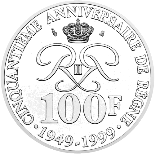 100 франков юбилей правления Ренье III (1949 - 1999) серебряная монета Монако (2)