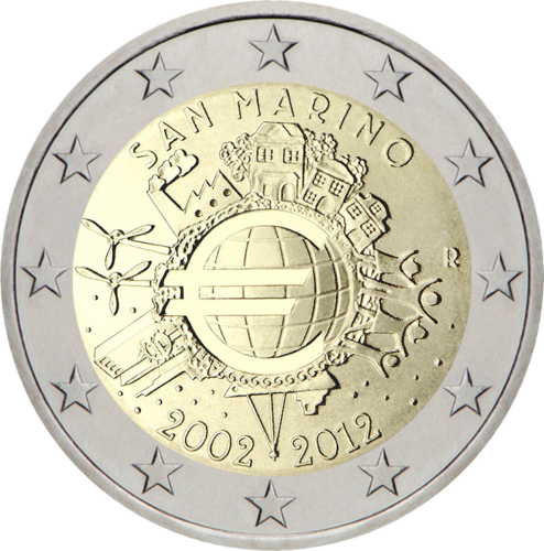 2012 San Marinas Dešimt metų eurui (TYE) 2 eurų moneta (3)
