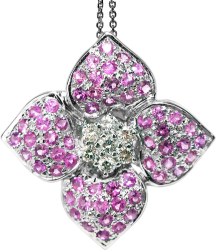 White gold Rose pendant with 7 natural diamonds and 60 sapphires E-F / VS1-VVS2 (1)