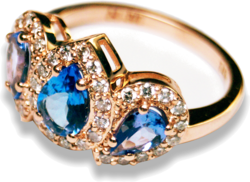 Rožinio aukso žiedas su 3-mis Tanzanitais (1.80 ct) ir 35 natūraliais Briliantais (0.50 ct) / VS1-SI1 (3)