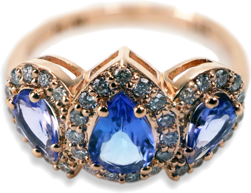 Rose gold ring with 3 Tanzanites (1.80 ct) and 35 natural Diamonds (0.50 ct) / VS1-SI1 (1)