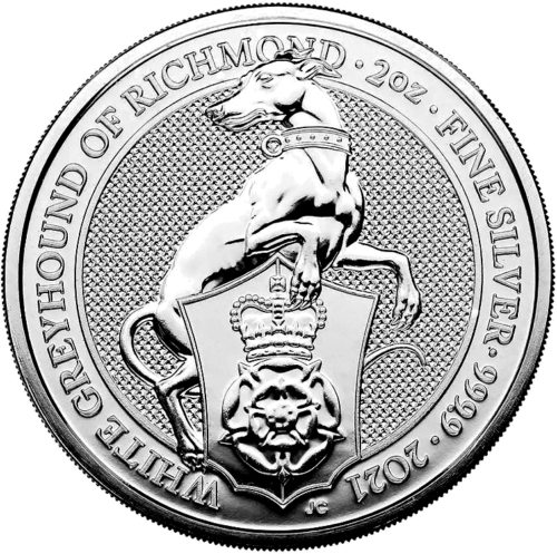 2 oz Белая Борзая Ричмонда Звери Королевы 2021 Великобритания серебряная монета (1)