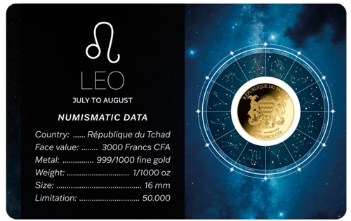 1/1000 oz Lauva (Zodiac Series) 3000 franku Čada zelta monēta (2)