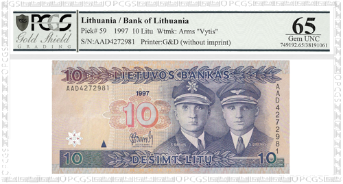 1997 Lietuva 10 litų banknotas PCGS GEM UNC 65 (1)