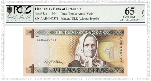 1994 Lietuva 1 lito banknotas PCGS GEM UNC 65 (1)