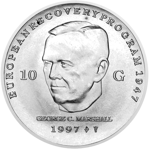 10 гулдена Беатрикс юбилей на плана Маршал 1997 Нидерландия сребърна монета (1)