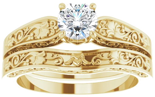 14K Yellow 5.2 mm Round Floral Solitaire Engagement Ring Mounting (8)