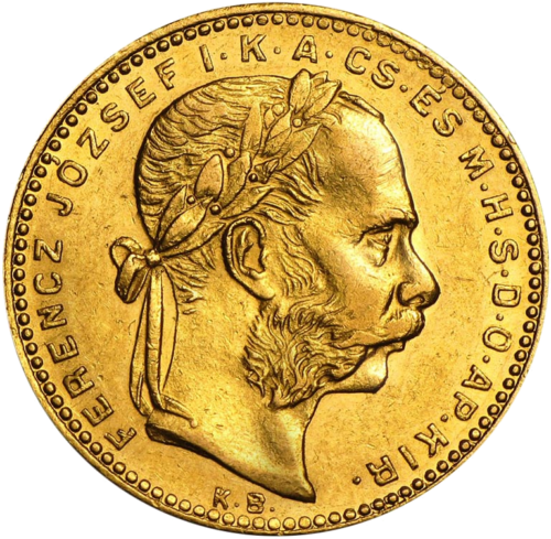 20 frankų/8 Forintai Franz Joseph I auksinė moneta (2)