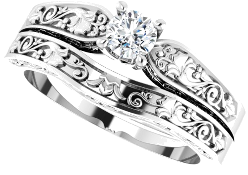 14K White 4.1 mm Round Floral Solitaire Engagement Ring Mounting (10)