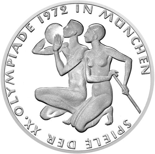 1972 Minhenes olimpiskās spēles Vācija 10 marku sudraba monēta (1)