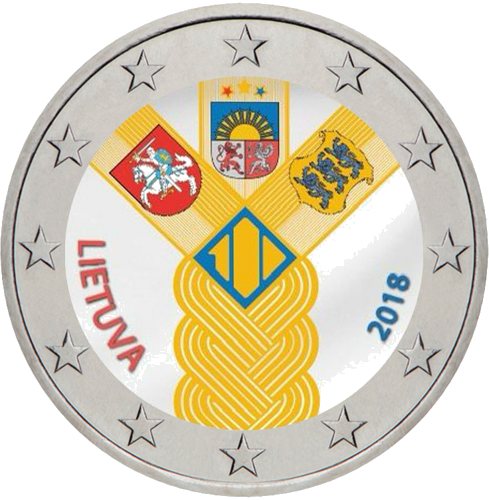 2018 Литва 100-летие Балтийских государств 2-евровая монета (цветная) (1)