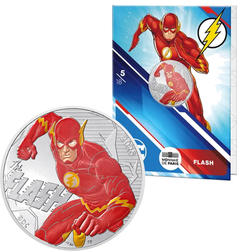 DC Comics 10 eurų FLASH 2025 Prancūzijos sidabrinė moneta BU kortelėje (1)