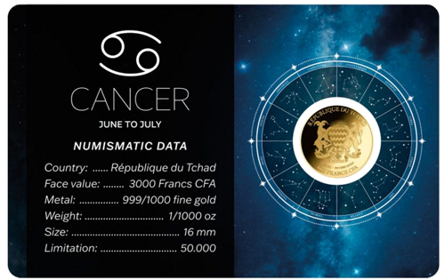 1/1000 oz Cancer (Zodiac Series) 3000 Francs Chad gold coin (2)