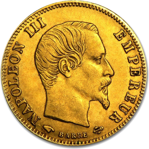 5 Frankai Napoleonas III be vainiko (1854-1860) auksinė moneta Prancūzijos Imperija (1)