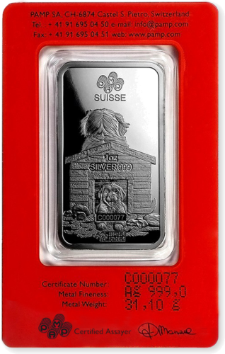 1 oz kolekcinis investicinio sidabro luitas 2018 Šuns metai, Lunar, PAMP (2)