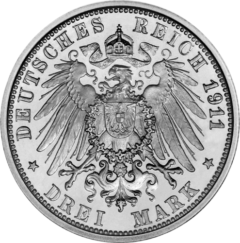 3 марки Вилхелм II Вюртемберг (1908-1914) Сребърна монета на Германската империя (2)