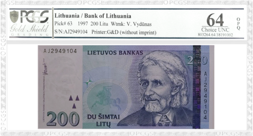 1997 Lithuania 200 litas banknote PCGS GEM UNC 64 (1)