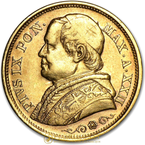 Ватикана Златна монета от 20 лири Пий IX (1866-1870) (1)