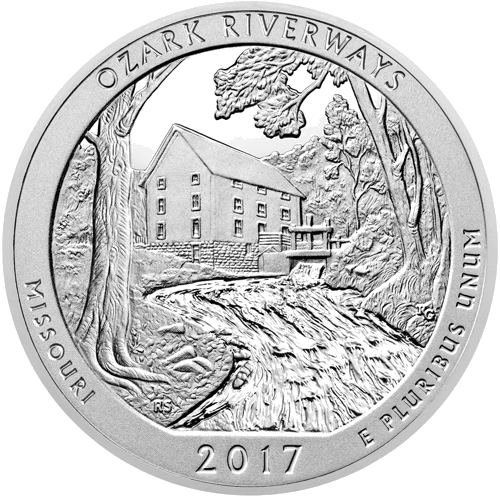 5 oz Ozarkas upju parks 2017 ASV sudraba monēta (1)
