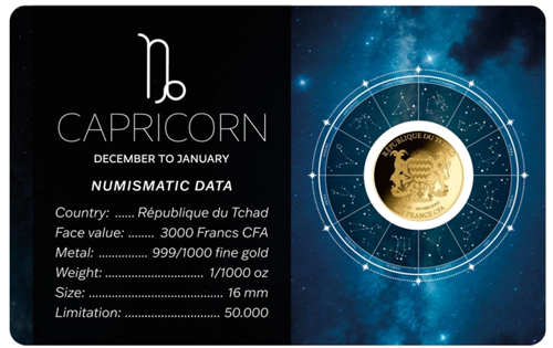 1/1000 oz Capricorn (Zodiac Series) 3000 Francs Chad gold coin (2)