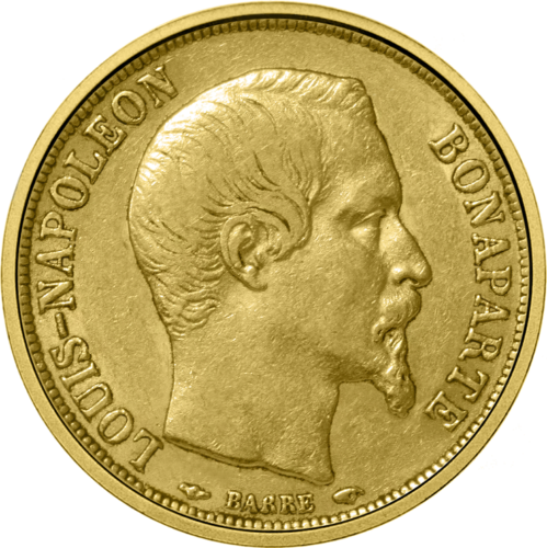 20 franku Louis-Napoléon Bonaparte 1852. gada Francijas zelta monēta (1)